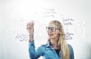 Happy professional woman brainstorming and planning, thinking of marketing ideas while writing on a glass board at work. Smiling female organizing while researching a strategy and managing her tasks