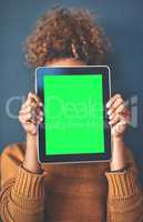 Green screen, copy space and chromakey on a tablet of a woman showing website for online advertising. Closeup of female with blank touch screen, branding for a business logo or news and marketing