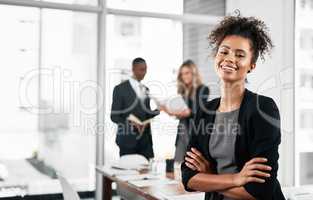 Happy to have my career advancing so positively. Portrait of a young businesswoman standing in an office with her colleagues in the background.