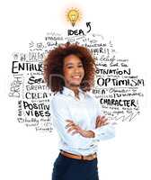 The process of creativity. Portrait of an attractive young woman standing with her arms folded against a white background displaying images of the concept of idea generation.