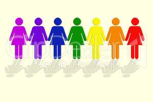 Dont be scared to show the world your true colors. Illustration of rainbow colored women standing together in a row indicating an LGBT concept.