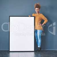 Marketing, poster and blank board with copy space being held by happy African woman sharing a banner for networking and advertising. Cheerful woman showing empty placard for logo design