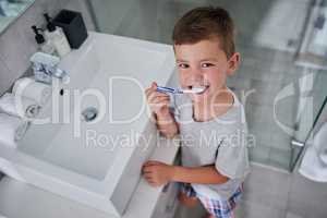 He knows all about healthy habits. Portrait of an adorable little boy brushing his teeth in the bathroom at home.