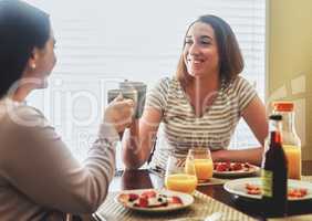 Cheers to the beginning of a beautiful day. two young women having breakfast in the morning at home.