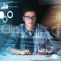 Computer programmer, software developer, or engineer working on computer database with futuristic CGI graphic data. Male information technology coder or a IT programmer coding company cyber security