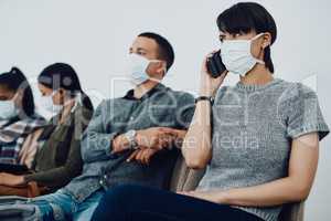 Woman calling while traveling with covid and waiting in line at airport while wearing a mask for protection. For hygiene and healthcare security, follow coronavirus social distance regulations