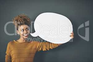 Woman holding speech bubble, chat board and blank copy space poster for voicing opinions, talking on social media or sharing ideas. Creative speaking about marketing strategy, innovation or vision