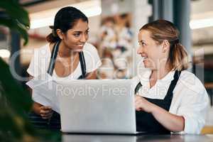 Small business owner working on a budget strategy or ordering stock online with an employee using a laptop in her store. Female entrepreneur talking to a worker about startup growth and sales