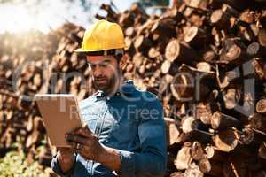 Keeping his eye on the lumber shipments. a lumberjack using his tablet while standing in front of a pile of wood.