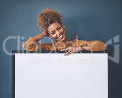 Woman showing blank poster, copy space board and placard sign to promote, market and advertise opinion or voice on voting democracy. Portrait of smiling, young and happy lady endorsing with billboard