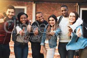 Yes to educational success. Portrait of a group of students giving thumbs up together on campus.