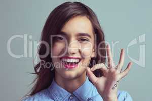 Perfection. Studio portrait of an attractive young woman making an a-okay sign with her hand against a grey background.
