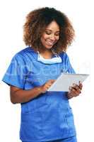 Browsing through some of her favourite medical research sites. Studio shot of an attractive young nurse using a digital tablet against a white background.