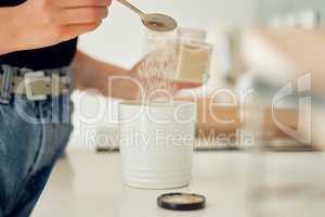 Diabetes, overuse of sugar and unhealthy sweets for mug of tea, coffee or hot drink at home. Closeup of woman making, drinking and preparing beverage with teaspoon of substitute, glucose or stevia