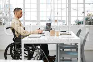 Wheelchair, disabled and handicap business man working, planning and writing ideas in an inclusive, accessible and independent office workplace. Physically impaired, focused and serious entrepreneur