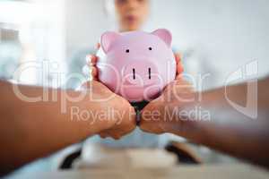 Piggybank, finance and planning savings budget with financial advisor, bank manager and accountant. Closeup of hands holding, taking and protecting future investment after consulting a professional