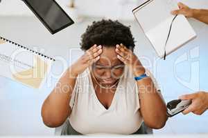 Stressed, depressed and frustrated black entrepreneur with overworked, suffer from burnout, anxiety and headache. Business woman struggle with work overload chaos, fail to meet deadlines.