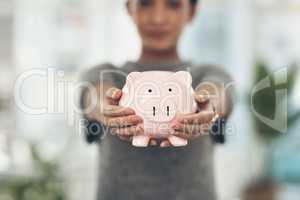 Piggybank, finance and money in the hands of a woman with a mindset on the future for saving, investment and wealth. Closeup of a coin bank in hand, showing financial growth, planning and budget