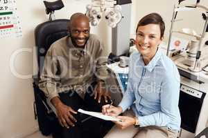 Optometrist, doctor and vision specialist doing eye test on patient in a clinic. Portrait of happy, smiling and friendly practitioner writing notes while giving good service for optical prescription