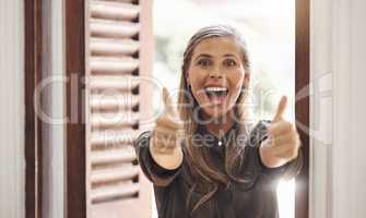 Thumbs up, excited and cheerful woman showing positive hand sign after getting good news and approving job opportunity. Female with a positive attitude saying thank you for success and motivation