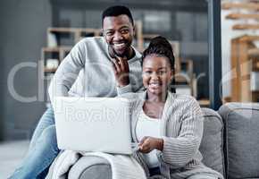 Happy couple browsing on a laptop, banking online and applying for a home loan, mortgage bond or insurance. Portrait of a black man and woman managing finances and studying with online education
