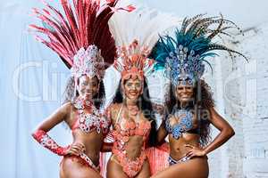 Looking absolutely beautiful and ready to perform. beautiful samba dancers getting ready for a performance during carnival.