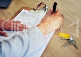 . Signing contract, document and paper closeup of banker, client or worker, writing or filling out information on insurance or loan form. Hands of woman completing legal agreement or tax compliance.