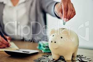 Banking, finance and money in piggybank for savings, investment and budget for business woman. Closeup of hands of an accountant counting coins for insurance, bills and payment in an office at work