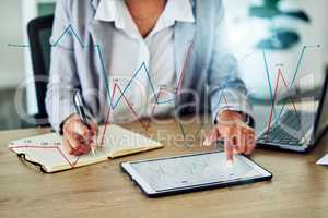 Graphs, data and information on a digital tablet with a business analyst, stock trader and financial officer planning reports online in an office. Woman doing marketing, finance and economy research