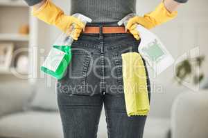 Spring cleaning, chores and sanitize for a clean, hygiene and fresh home. Closeup of woman, cleaner and housekeeper ready to disinfect with detergent, spray and cloth during routine household task