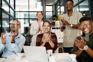 Clapping and cheering business people happy at a design conference. Diverse creative group of designers excited by a goal or idea during a presentation or speech, showing support and unity