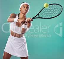 Tennis, sportswear and woman playing tournament with copy space background. Sporty, active and professional athlete playing a game. Competition and serious tennis player keeps focus on the court.