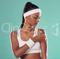 Sports injury, arm pain and tennis player suffering with sore muscles after a ball game at the court. Painful, hurt and discomfort woman after sport training or match against a studio background.