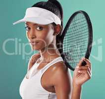 Determined, motivated woman tennis player, athlete and sports person. Portrait of a competitive, healthy and serious girl with female empowerment and motivation ready for fitness training