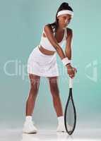 Tennis player, healthy and sporty female ready for training, cardio and sports exercise and play a match game. Serious fitness, athlete and woman with attitude inside a studio with a racket