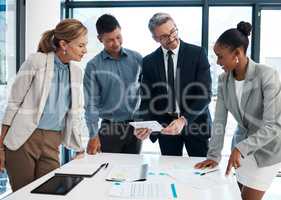 Leadership vision, collaboration and teamwork of a business team in an office work meeting. Corporate company management working on an accounting strategy, finance planning or a financial project