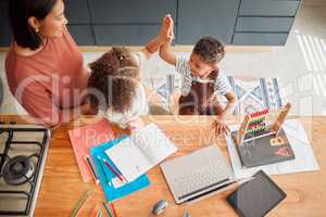 Kids, education and learning of homeschool children high five through early childhood development. Family, mother of young boy and girl above social, communication and teamwork skills with teacher.