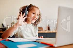 Online, distance learning child on laptop webcam or video call joining lesson with headphones and hello greeting or goodbye gesture. Little happy student in remote classroom with a teaching notebook