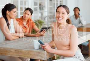 Texting on phone, networking and meeting friends for planning ideas, innovation and strategy for creative startup business. Portrait of woman with diverse group of businesswomen browsing social media