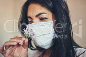 Its the closest Ill get to smelling flowers. a young woman wearing a protective mask while smelling a flower at home.