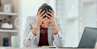 Headache, stress and worried young businesswoman tired from getting bad news about company investment. Professional finance, business female or accountant upset over financial problem or crisis.