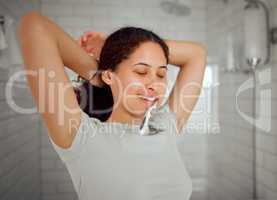 Health, grooming and brushing teeth for dental. oral hygiene with a young woman in bathroom at home. Female caring about the health of teeth and gums with a daily mouth and grooming cleaning routine