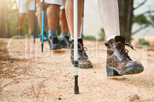 . Group of hikers hiking with walking sticks on a trail outdoors in nature for fitness. Fit, active and sporty people on an adventure. Adult friends taking a stroll for exercise and health.
