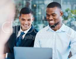 Cooperation, teamwork and working together on laptop male colleagues, businessmen or entrepreneurs smiling and satisfied with report. Happy and cheerful coworkers sitting together and working