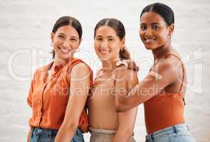 Covid vaccination or flu shot inside of girl friends, female friendship and teenagers smiling. Portrait of a happy and diverse friend group standing and practicing good health habits together