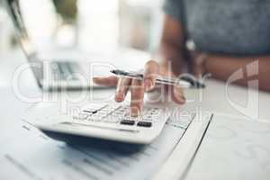 Finance planning, budget or savings manager calculating expenses, taxes or company profits with laptop, paperwork or calculator. Closeup hands of female financial leader checking office staff payroll