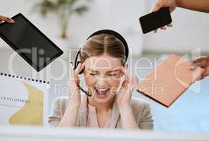 Stress, burnout and overloaded woman at work in a modern office. Female contact centre agent overwhelmed with all the work from her call center colleagues with anxiety and headache in the workplace.