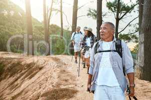 Hiking, old and adventure seeking Asian man staying active, healthy and fit in twilight years. Tourists or friends travel doing recreation exercise and explore nature on wellness getaway or retreat