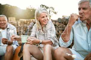 . Mature friends relaxing by fun camp while enjoying retirement, break and casual conversation together outdoors. People bonding, smiling and roasting marshmallow by picnic and barbecue bonfire.