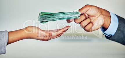 . Paper money, payment or loan cash from a finance manager, banking employee or boss. Hand holding bank notes for financial investment profit, wealth growth for investing, retirement and budget.